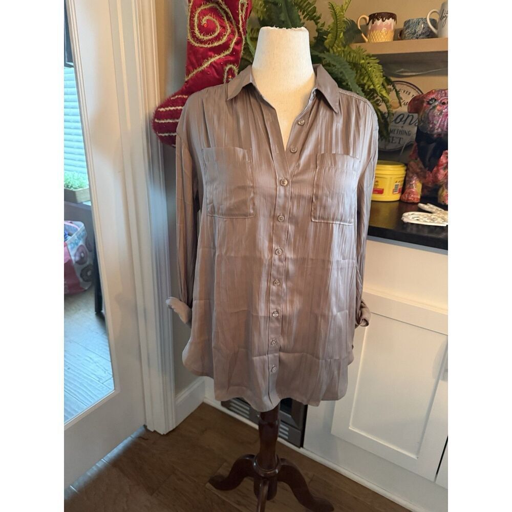 Anthropologie Long Sleeve Satin Gray Button Up Blouse NWT